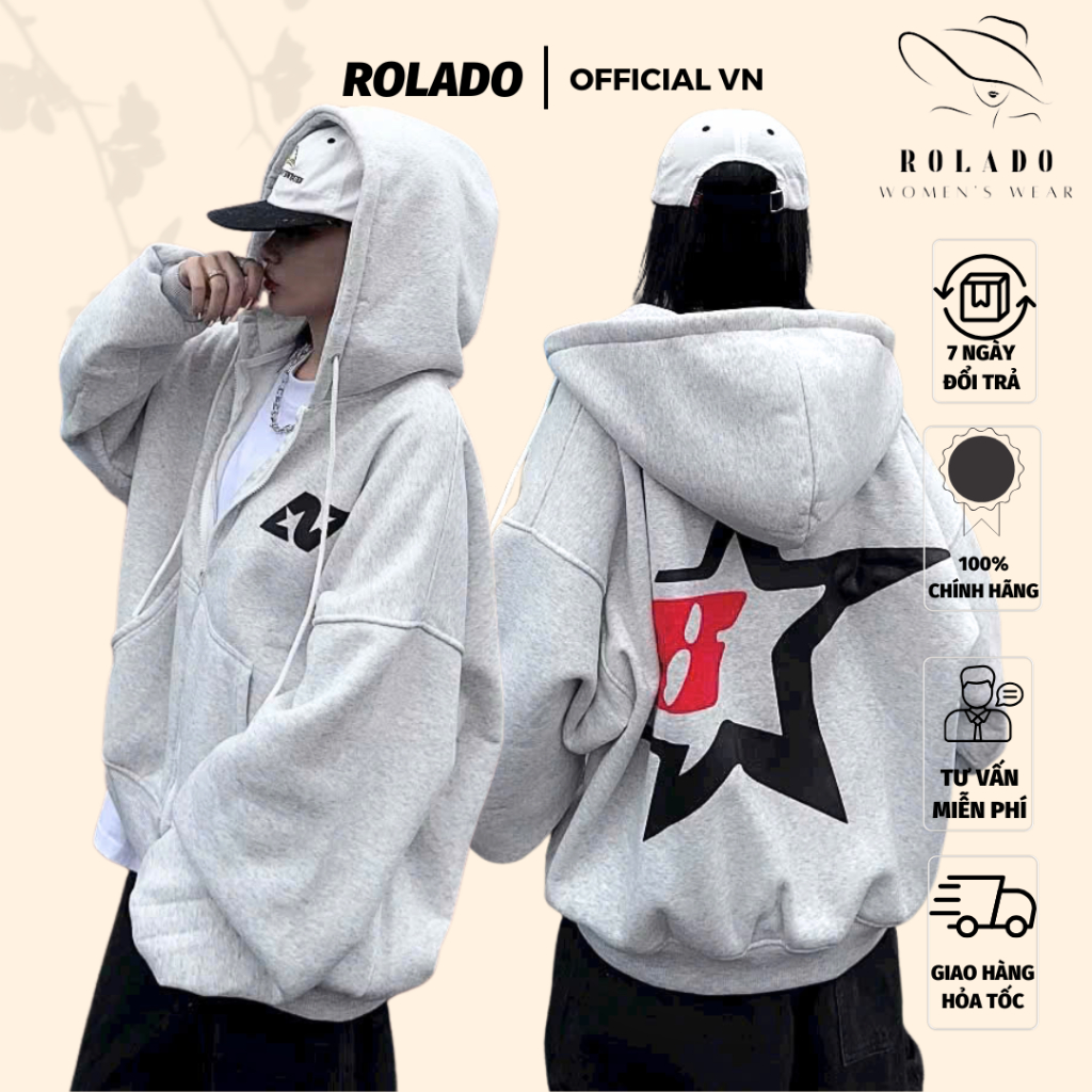 Áo khoác nỉ, áo hoodies zip dây kéo nữ ROLADO form boxy hoạ tiết eight star hàng hai lớp dày dặn