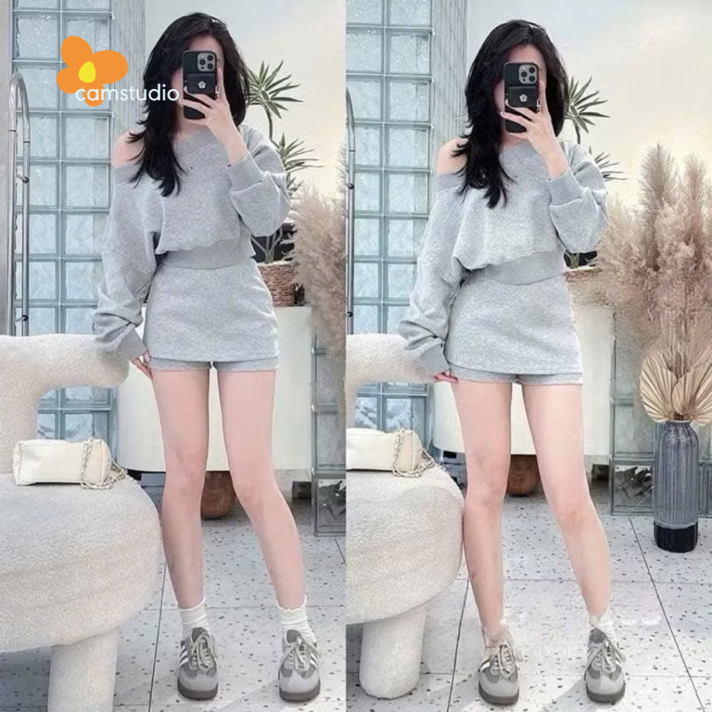 Set áo croptop nỉ xám trễ vai tay dài bo chun + chân váy nỉ chữ A ngắn (có quần) - CAM STUDIO