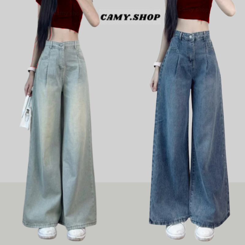 Quần Jean Nữ ống rộng gấp li cạp cao Màu WASH Đậm MIAA Phong Cách Hàn Quốc dáng dài chất bò RIN mềm 