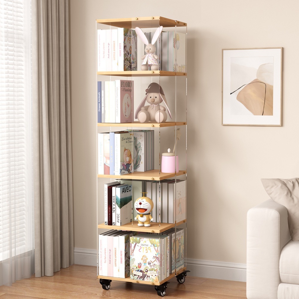 Kệ Sách Mica Xoay 360 Độ Có Bánh Xe – Kệ Trong Suốt Trưng Bày Sách Decor Phòng Khách, Phòng Ngủ
