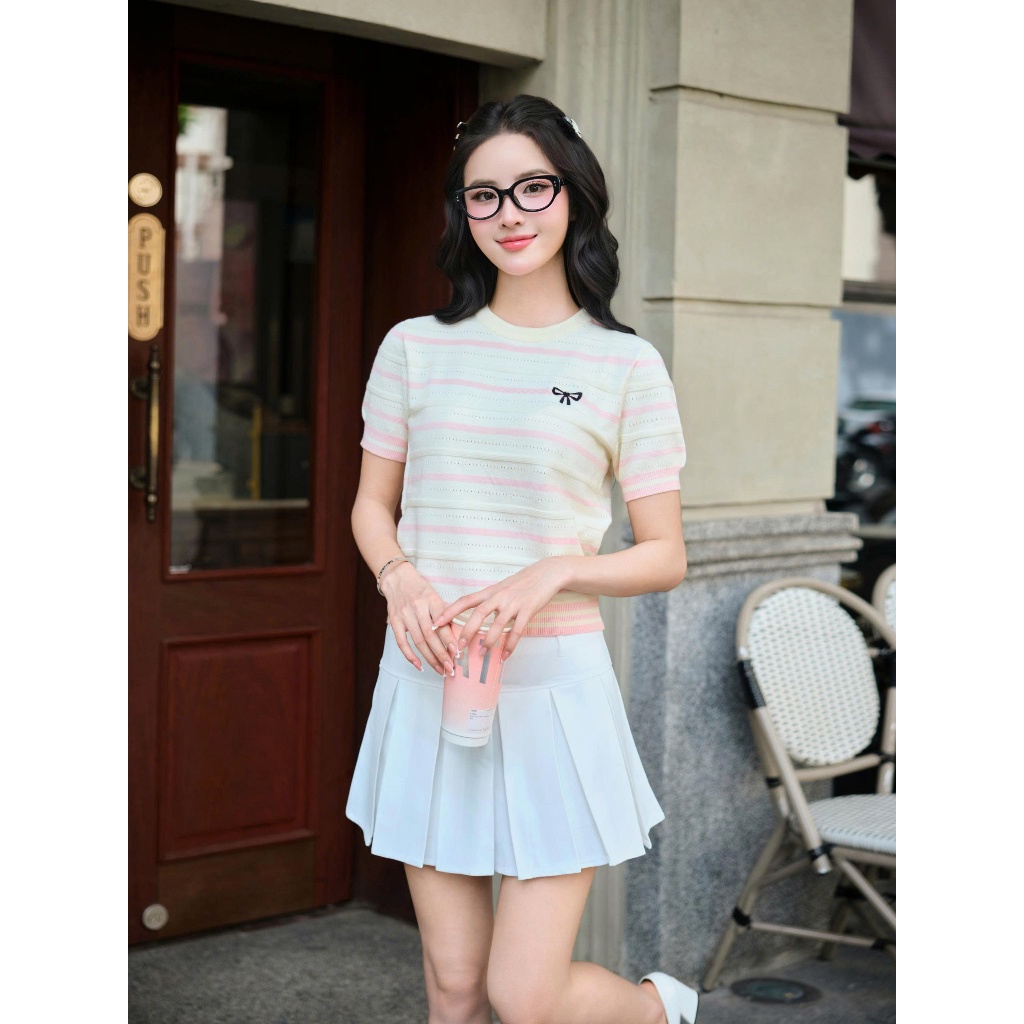 DELIZ - Áo len cộc tay cổ tròn phối kẻ ngang thêu nơ nhiều màu basic mùa hè thu ALC01 | BigBuy360 - bigbuy360.vn