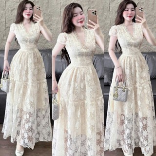  Đầm thời trang nữ chất Ren 2 lớp cực xịn thêu hoa siêu cuốm hút áo cổ V tay ngắn ôm eo tôn dáng váy maxi dáng xoè có lót 