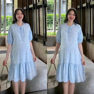MUMMUM// Đầm bầu sọc kate lạnh Ori cổ nhún bèo nhỏ cột nơ nhẹ nhàng thanh lich thoải mái thấm hút mồ hôi , đi làm , đi c
