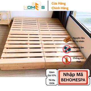 Giường pallet gỗ thông Behomes, đã được xử lí ẩm mốc mối mọi [Gỗ mới - Hở nan 2-3cm - Hàng Không Sơn - Chân hộp kín]