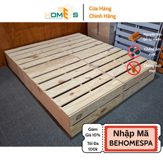 Giường pallet gỗ thông Behomes Cao 30-40cm đã xử lí ẩm mốc mối mọi [Gỗ mới - Hàng Sơn PU - Hở Nan 2-3cm - Chân hộp kín]