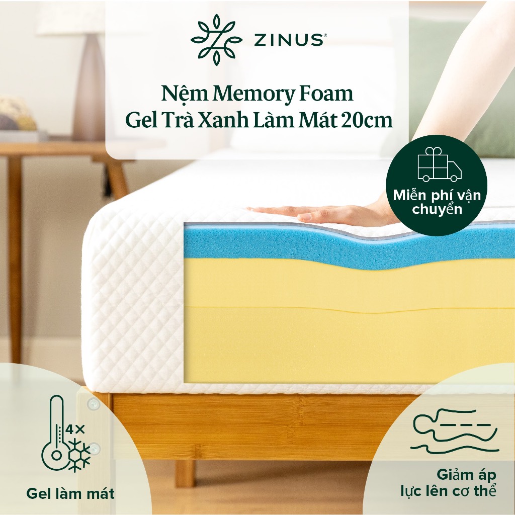 [Tặng Ga Ngẫu Nhiên] Nệm Memory Foam Zinus Gel Trà Xanh Vải Tencel Mềm Mát 20cm | BigBuy360 - bigbuy360.vn