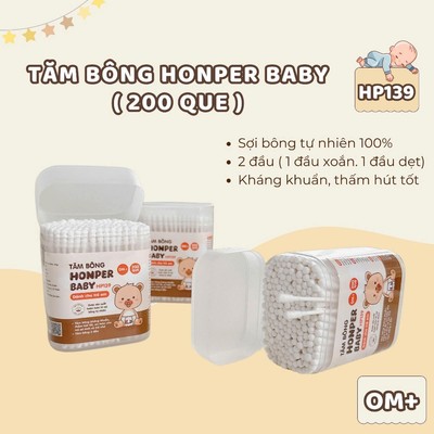 Tăm bông cho bé Honper hộp 200 que 2 đầu dẹt và xoắn