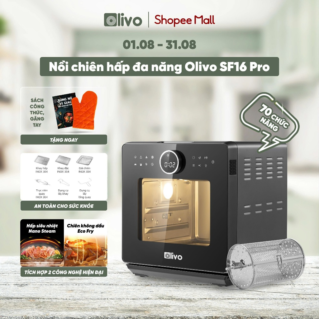 Nồi Chiên Hấp Olivo SF16 Pro 16L – Công Nghệ Hấp Nano Steam – Nồi Chiên Hơi Nước Bản 2025 70 Chức Năng