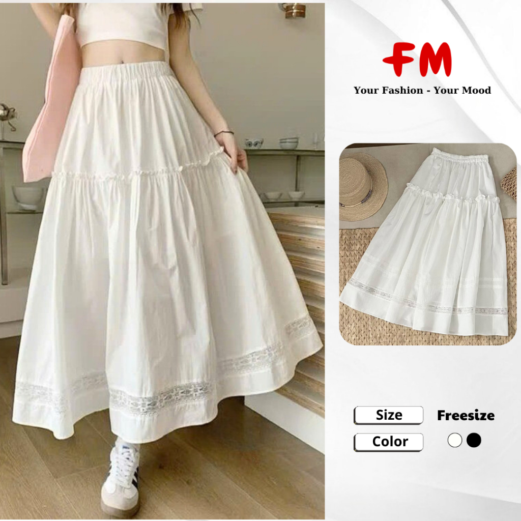 Chân Váy Dài Kiểu Nữ FMSTYLE Lung Thun Phối Ren Dáng Xoè tiểu thư xinh xắn Freesize 25060423