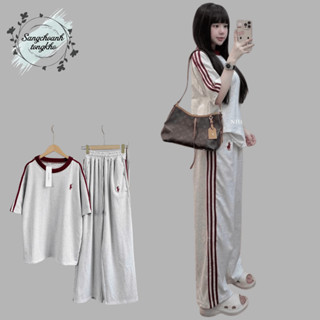 Set bộ thêu logo ngựa phối viền sọc thể thao, áo phông freesize kèm quần ống suông chất liệu cotton