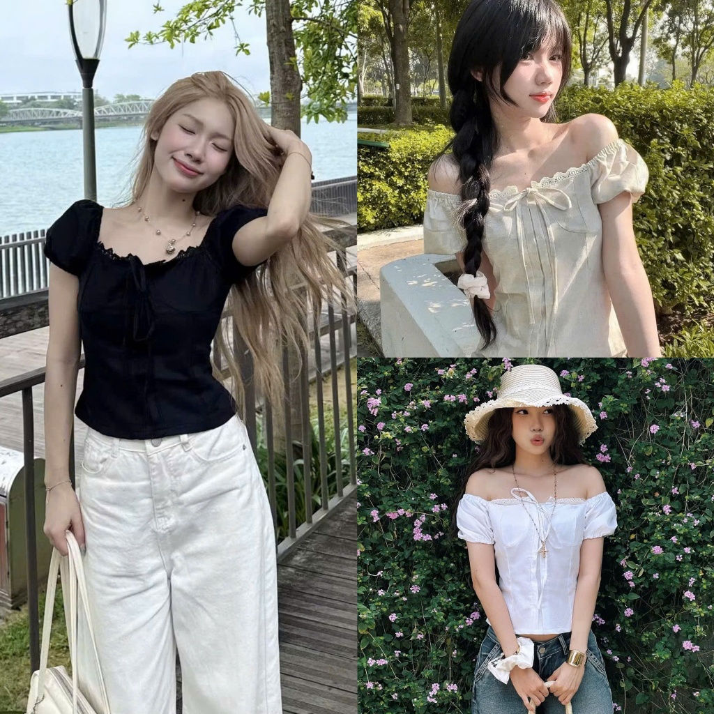 (Ảnh Thật) : Áo Trễ Vai Linen Phối Viền Ren Buộc Nơ Mặc Được 2 Kiểu 3 Màu Phong Cách Cá Tính