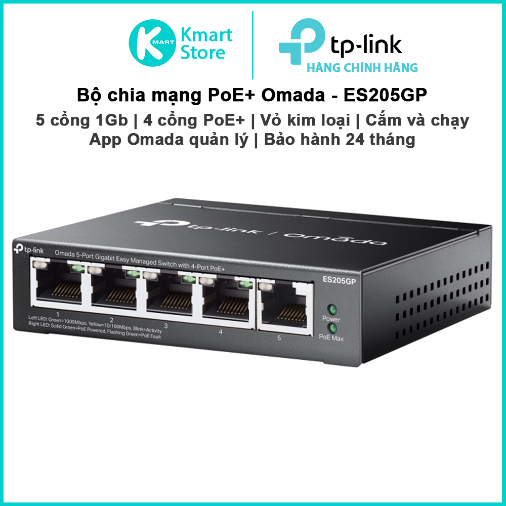 Bộ chia mạng PoE+ Omada ES205GP | 5 cổng Gigabit | 4 cổng PoE+ | Vỏ kim loại | App Omada quản lý | B