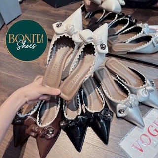 Dép nữ sục bít mũi nhọn nơ ú khoá bông viền răng cưa - D21