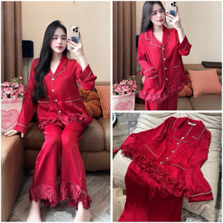  Bộ ngủ mặc nhà pijama  tiểu thư  lụa  lyly tay dài Quảng Châu cao cấp viền đỏ  trơn 