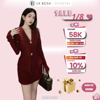 Set Dạ Tiểu Thư La Rosa Áo Cổ V Tay Loe Ôm Eo Phối Chân Váy Chữ A Tôn Dáng Phù Hợp Mặc Tiệc, Giáng Sinh, Lễ Tết S763