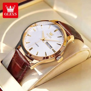 OLEVS Đồng hồ nam Chống nước Chính hãng Dây da Lịch đôi Thiết kế đơn giản Thạch anh 6898