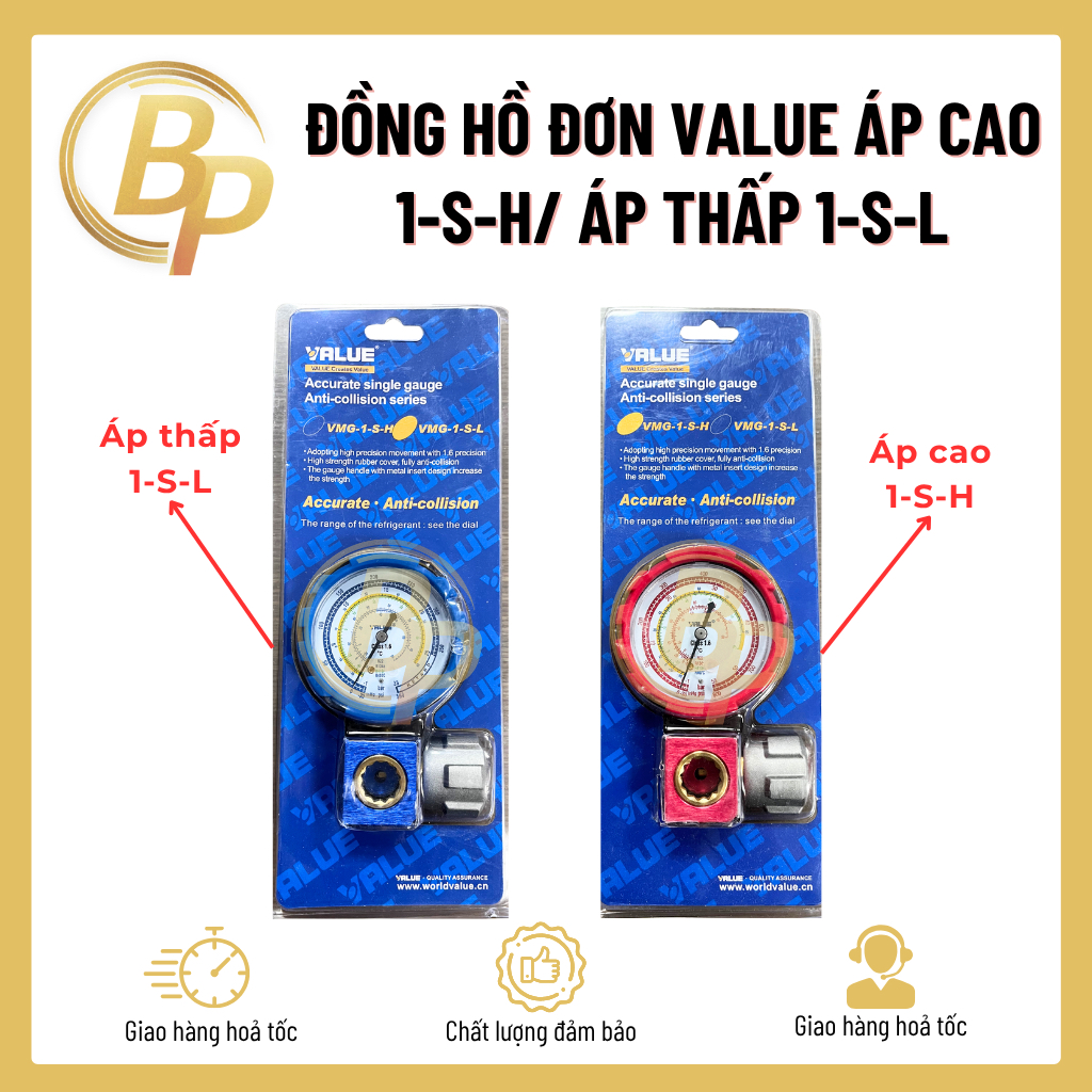 Đồng hồ sạc gas đơn Value cao áp 1-S-H/ hạ áp 1-S-H - đồng hồ đơn Value áp cao, áp thấp mới