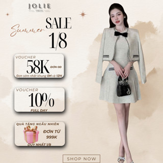 Set Váy Dạ Tiểu Thư JOLIE Thiết Kế Váy Chữ A Gắn Nơ Cổ Mix Áo Khoác Viền Ren Tạo Điểm Nhấn T21