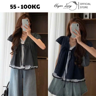 ÁO BABYDOLL CỔ V PHỐI KẺ mix viền ren chất liệu gió Hàn trẻ trung năng động hot trend Huyền Lucy Bigsize