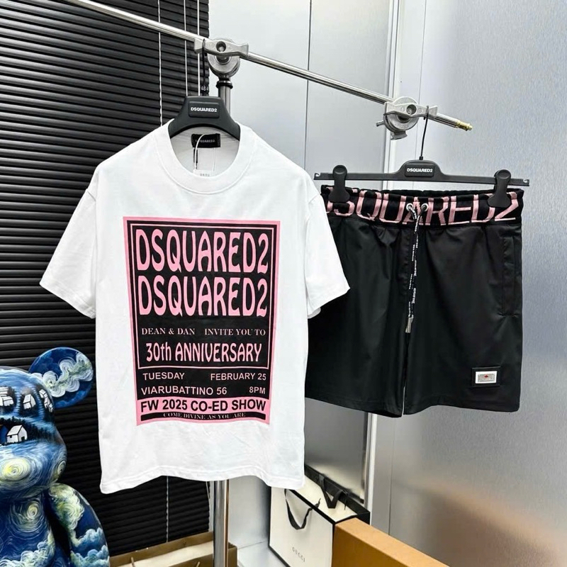 Đồ bộ quần áo nam mùa hè PB cotton in hoạ tiết khung chữ D2 hồng thân phối dệt chữ cạp quần basic