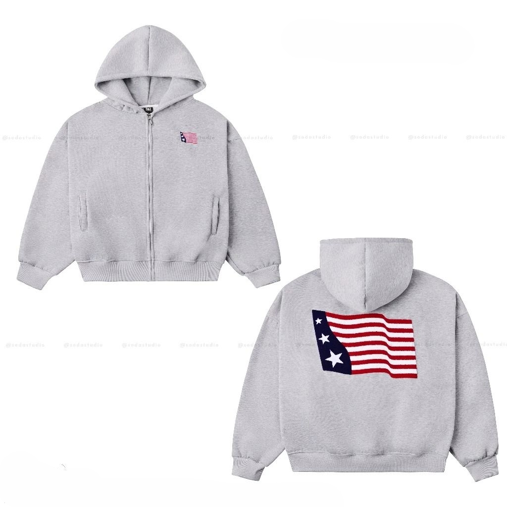 Áo Khoác Hoodie Zip Form Boxy Thêu Xù Three Stars Hình Lá Cờ Chất Nỉ Bông Không Xù Có Túi Trong Unis