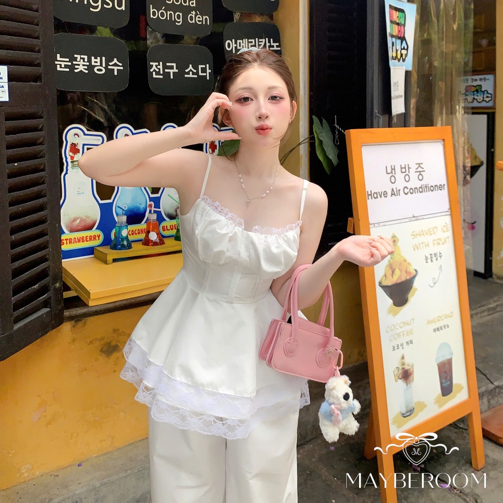 MAYBEROOM® Áo 2 dây chiết eo xếp tầng mix ren tiểu thư Soft top | BigBuy360 - bigbuy360.vn