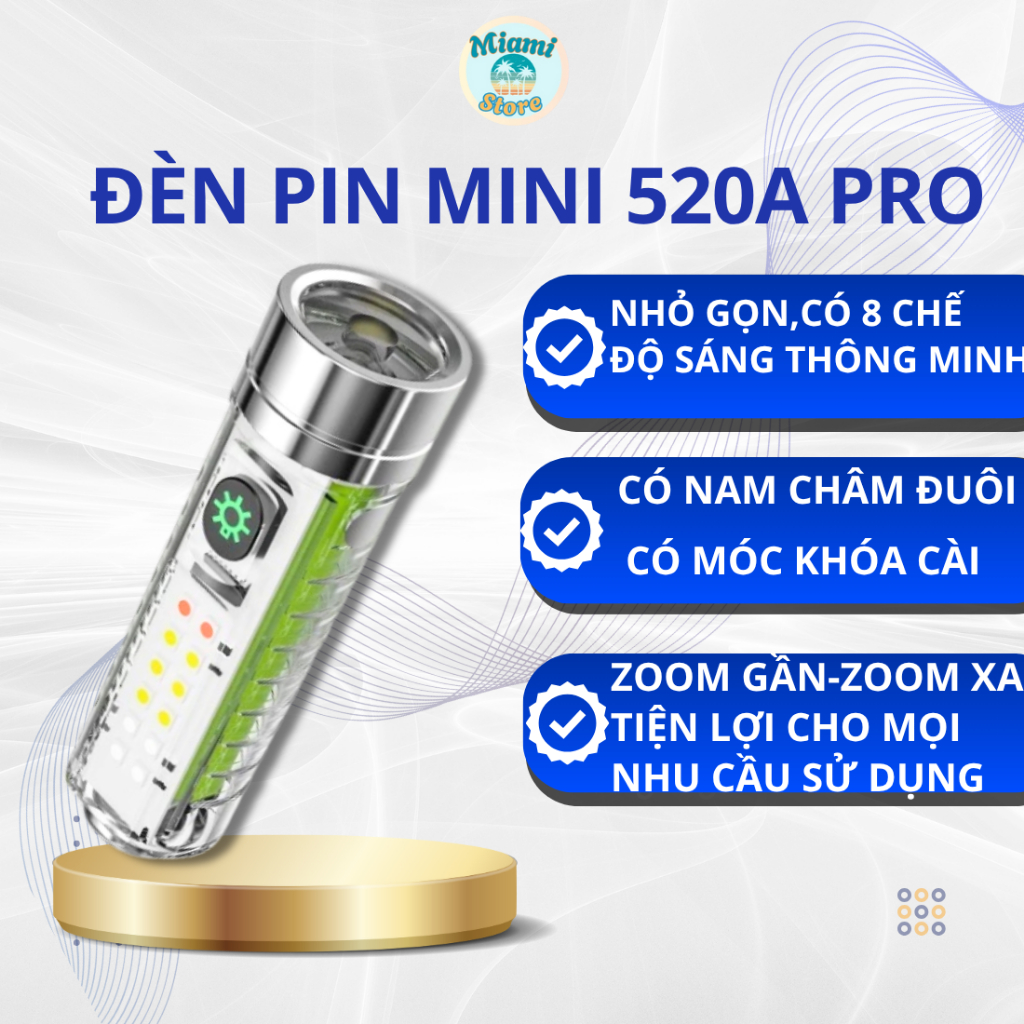 Đèn Pin Mini 520A Pro Có 8 Chế Độ Sáng Đèn Pin Có Nam Châm Đuôi,Có Móc Khóa,Kháng Nước IP67 Pin Lith