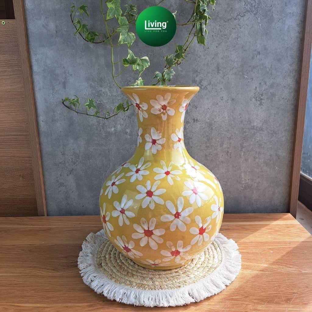 Bình Hoa, Lọ Hoa Vẽ Tay Thủ Công Decor Men Đẹp - Họa Tiết Hoa Cúc Gốm Sứ Bát Tràng | Living Decor