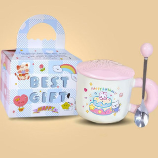  Quà tặng cốc sứ Ly sứ có nắp hình " thỏ gấu " 400ml có hộp quà thích hợp làm quà tặng có Nắp có muỗng chất lượng cao cấp 