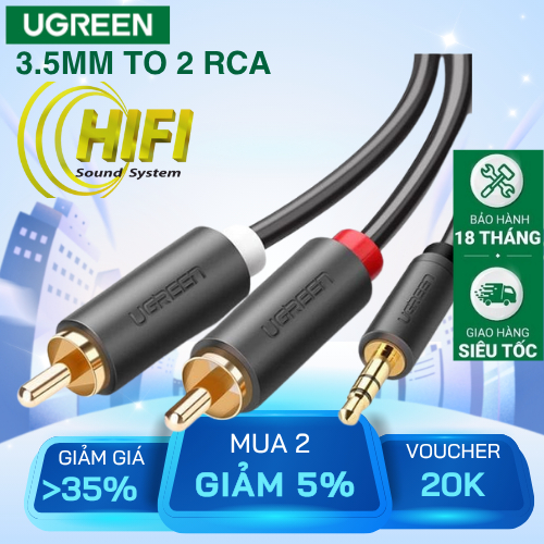 Cáp âm thanh chuyển đổi 3.5mm sang 2 RCA Ugreen 3.5mm to Rca - Bảo Hành 18 Tháng
