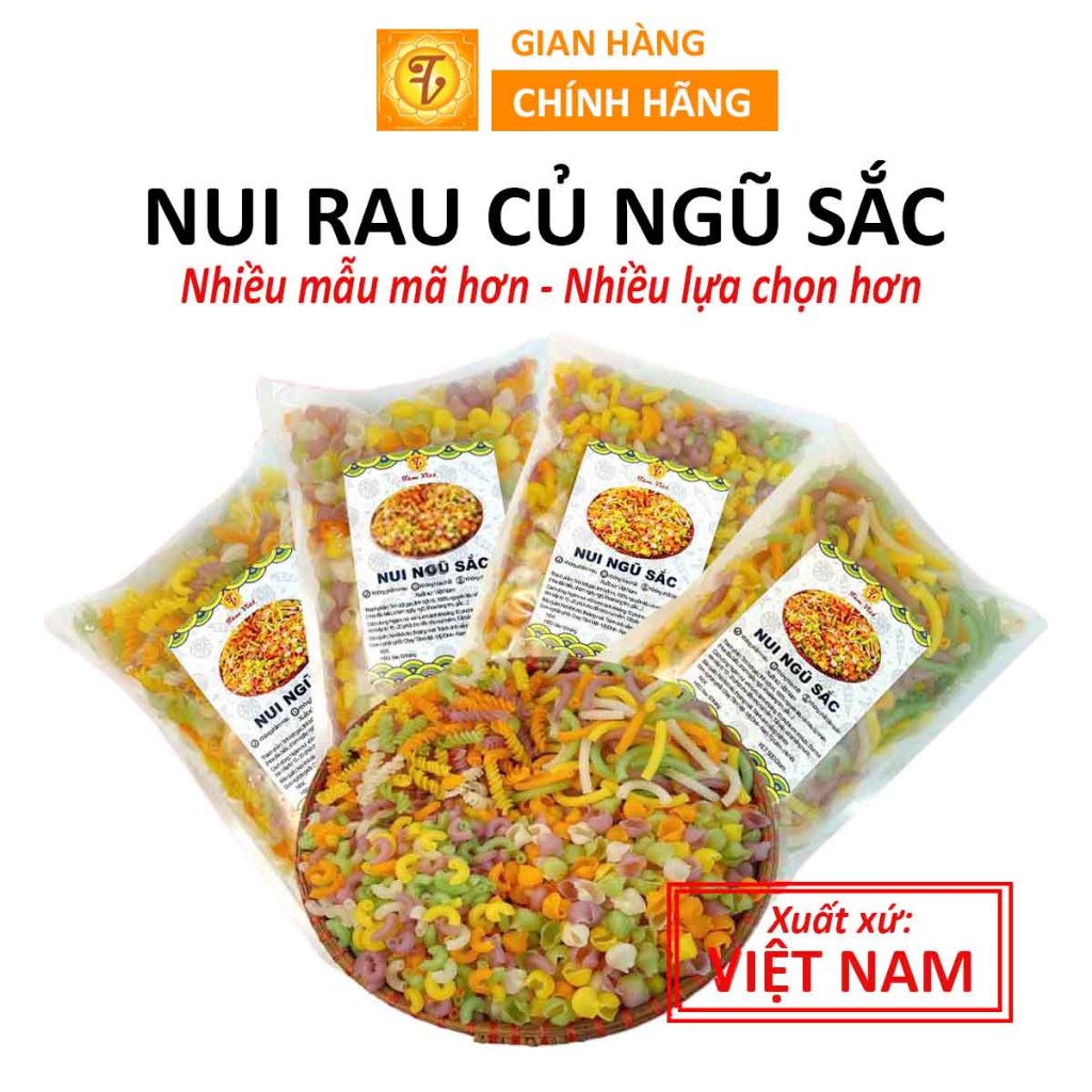 Nui rau củ, nui ngũ sắc, nui ống, nui xoắn, nui chữ C, nui sò, eatclean, ăn kiêng, nui màu Tâm Việt