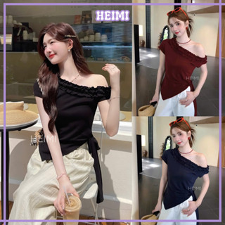  Áo Thun Lệch Vai Bèo Nhún HEIMI Áo Trễ Vai Vạt Chéo Thắt Nơ Chất Thun Cotton Mịn Co Giãn 
