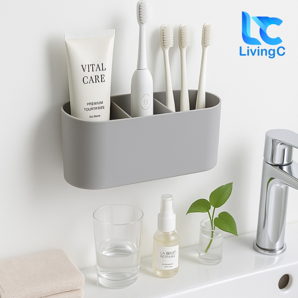 Giá để bàn chải, kem đánh răng Living C, kệ 3 ngăn kèm miếng dán keo không cần khoan tường tiện lợi