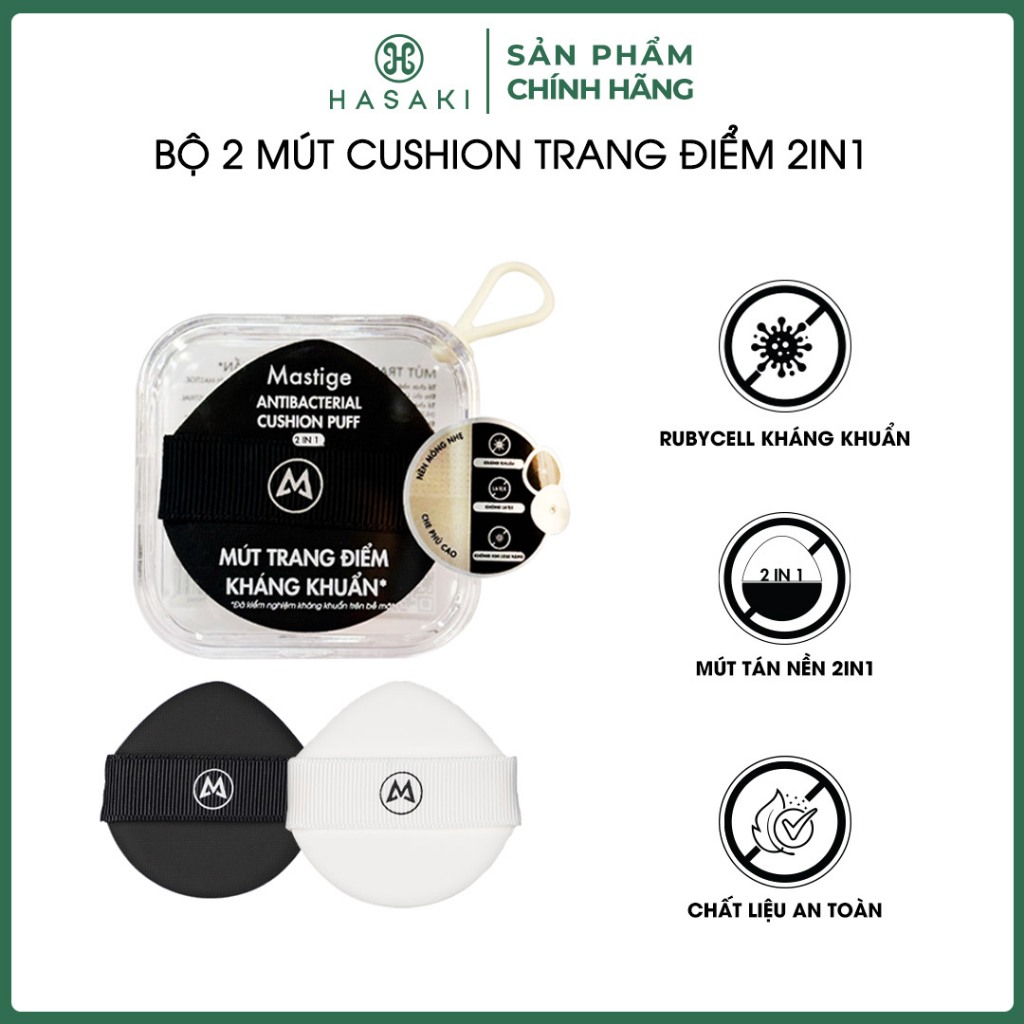 Bộ 2 Mút Cushion Trang Điểm Mastige 2in1 Tán Nền Mỏng Nhẹ Antibacterial Cushion Puff 2in1 Hasaki Sản