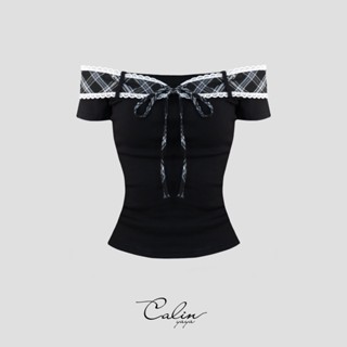 Lacy Top - Áo thun trễ vai phối đai caro lạ mắt dễ thương cho Nữ