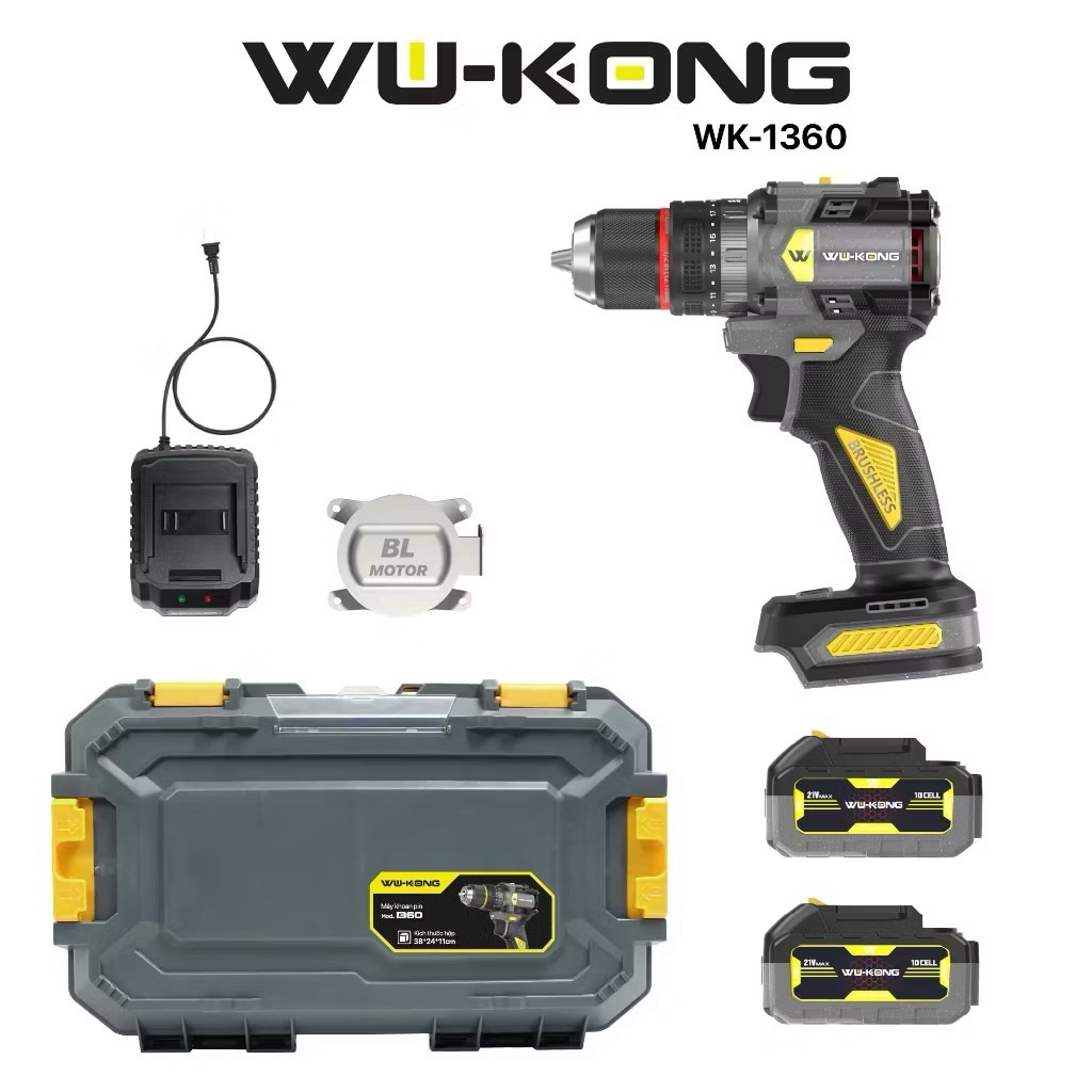 Khoan pin 13mm Wukong1360,không chổi than,lực siết 60Nm,đầu kẹp autolok-peacock