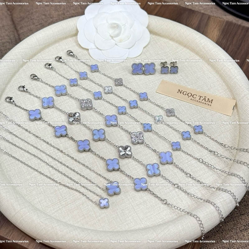 Bộ 3 món vòng cổ nữ bốn lá, Vòng tay cỏ 4 lá không han gỉ, khuyên tai màu XANH TÍM