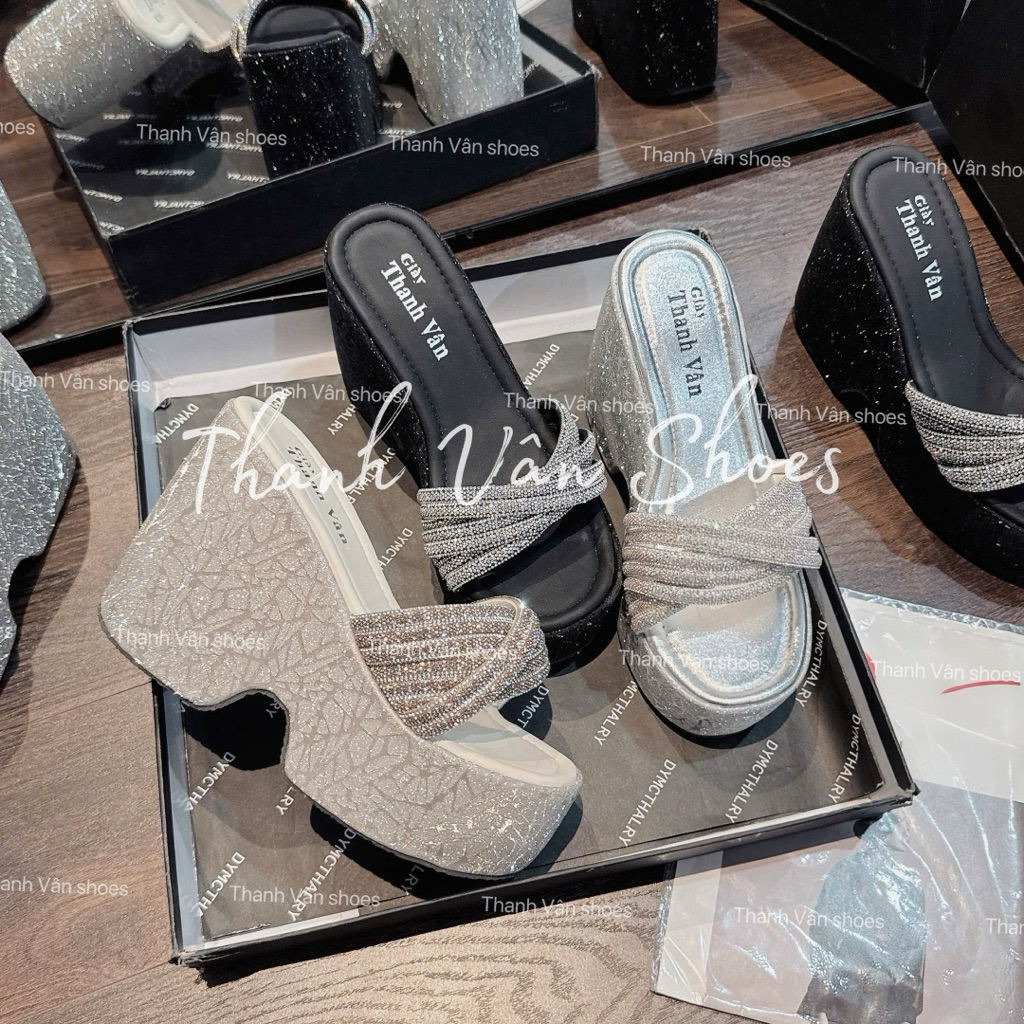 Dép bánh mì quai chéo đá cao 11 phân  3 phiên bản màu (D0316)