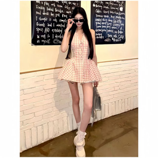 Đầm Cổ Yếm Caro, Đầm Váy Đi Tiệc Thiết Kế Cổ Yếm Tùng Xoè Tông Màu Hồng Cam Nữ Tính Mặc Hè, Du Lịch, Đi Biển Đều Sang