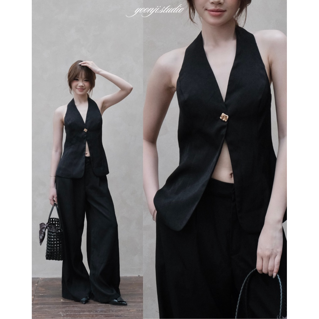 YOONJI - Set áo cổ yếm khuy vàng + quần vải dáng xuông