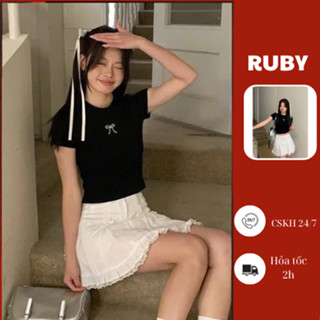 Chân váy  ren Ruby kiểu cotton, Váy ngắn nữ phối ren đính nơ phong cách tiểu thư C29