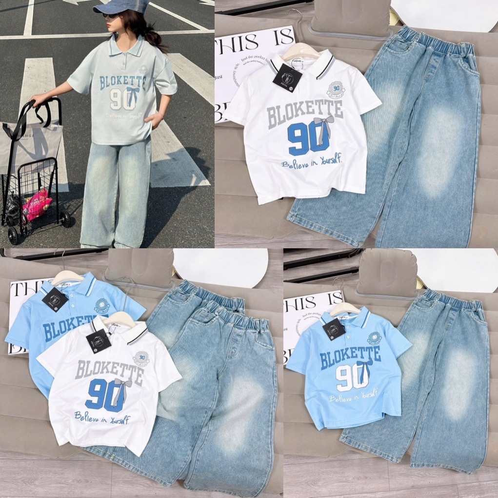 update Điệu kids-  Bộ bé gái áo thun quần Jean suông BLOKETTE 90 2 màu xanh&trắng 22-50,52kg TN X24
