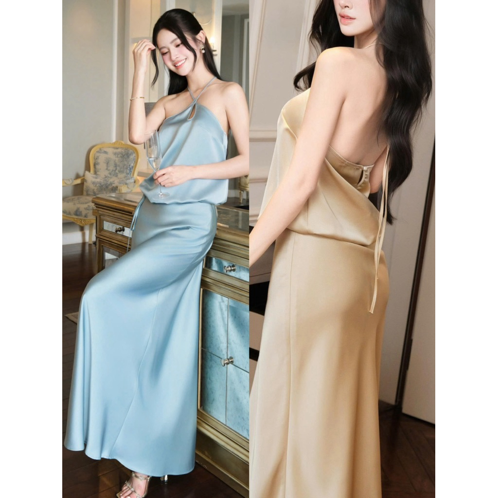 [MMUSE STORE] VIDEO - [SML] Set lụa áo yếm buộc dây chân váy dài đuôi cá đính charm ngọt ngào