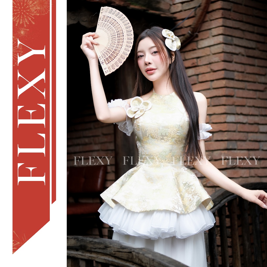 [FLEXY thiết kế] Set yếm váy Khánh Lâm màu vàng-xanh trắng, vải gấm và tơ, tặng 1-2 hoa kẹp