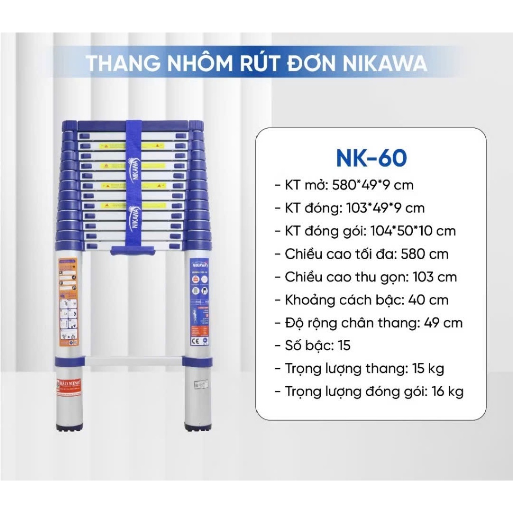 Thang nhôm rút đơn NIKAWA NK xếp gọn 3,2 - 5,8m, công nghệ Nhật Bản, bảo hành chính hãng 18 tháng | BigBuy360 - bigbuy360.vn