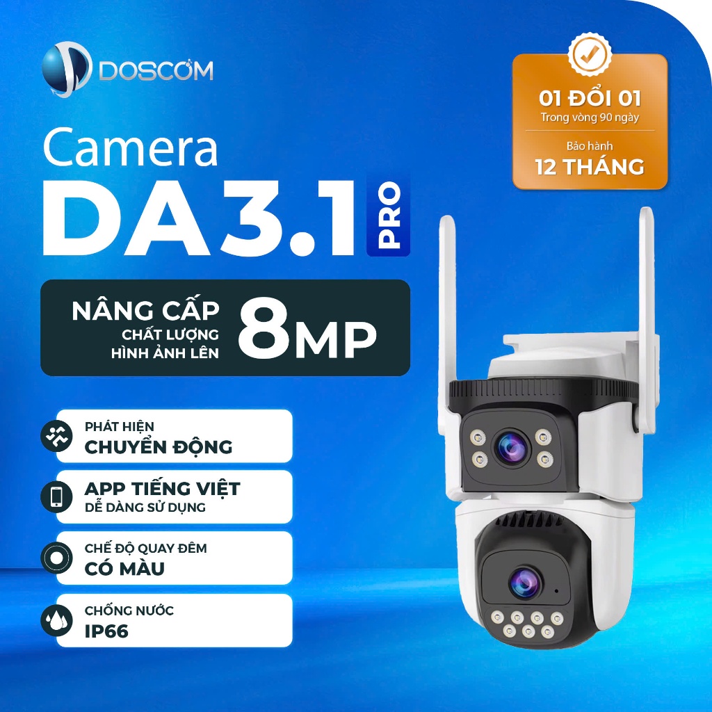 Camera Wifi Ngoài Trời DOSCOM DA3.1 Pro Tích Hợp 2 Mắt Camera Kép,Không Điểm Mù- Độ Phân Giải 2K