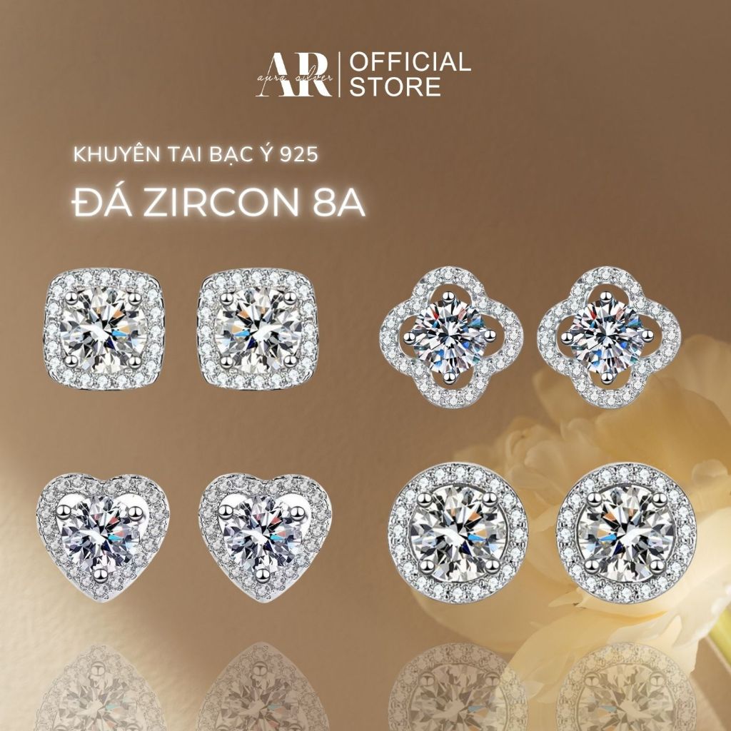 Khuyên tai bạc Ý 925 xi kim, bông tai nữ bạc đá zircon 8A lấp lánh-KT56-AURASILVER
