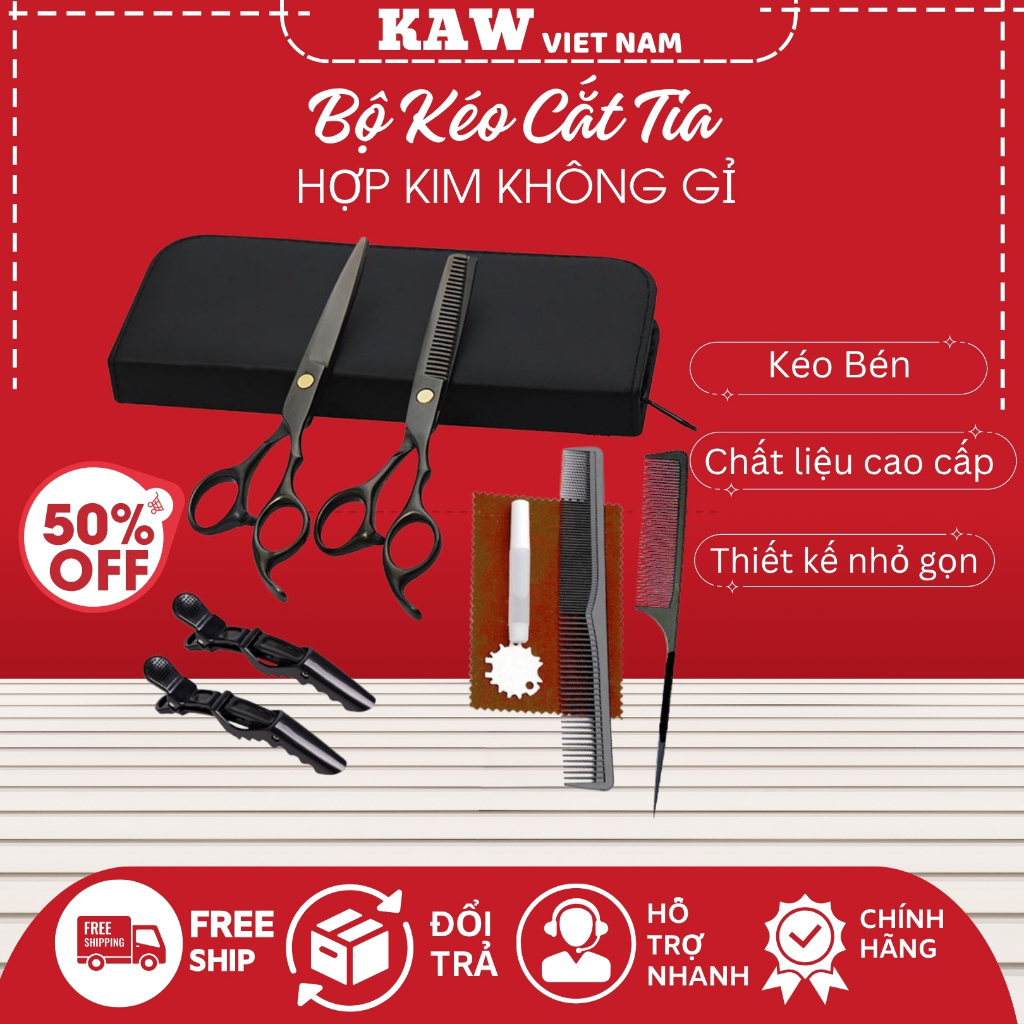 Bộ kéo cắt tỉa tóc sơn đen KAW cao cấp, thép không gỉ, Kèm phụ kiện - BẢO HÀNH 12T
