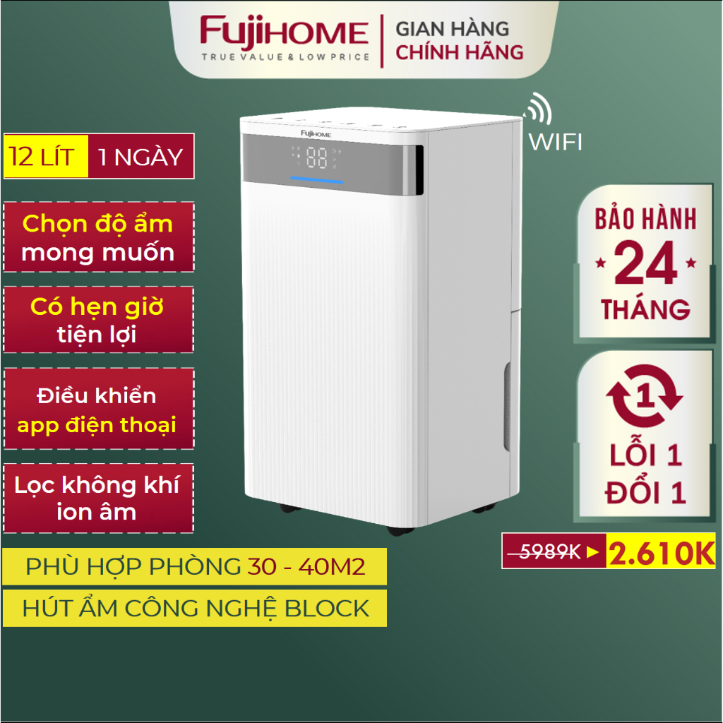 Máy hút ẩm gia đình màn hình LCD Nhập Khẩu FUJIHOME DH20NW, Máy hút ẩm kèm lọc Ion điều khiển Wifi