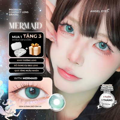 Lens xanh Mermaid thương hiệu Angel Eyes độ cận 0-8, kính áp tròng xanh giãn tròng Dia 14.5mm